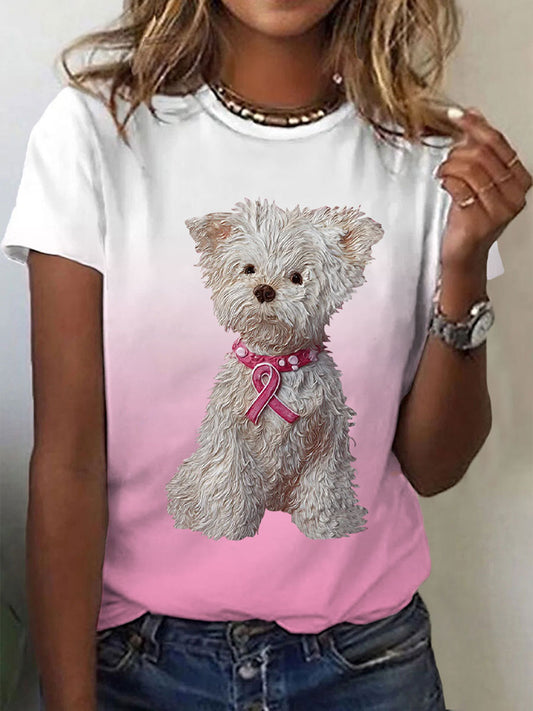 Frauen Brustkrebs rosa Band Hund Print lässig T-Shirt