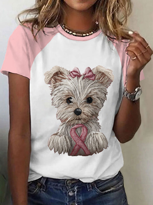 Frauen Brustkrebs rosa Band Hund Print lässig T-Shirt